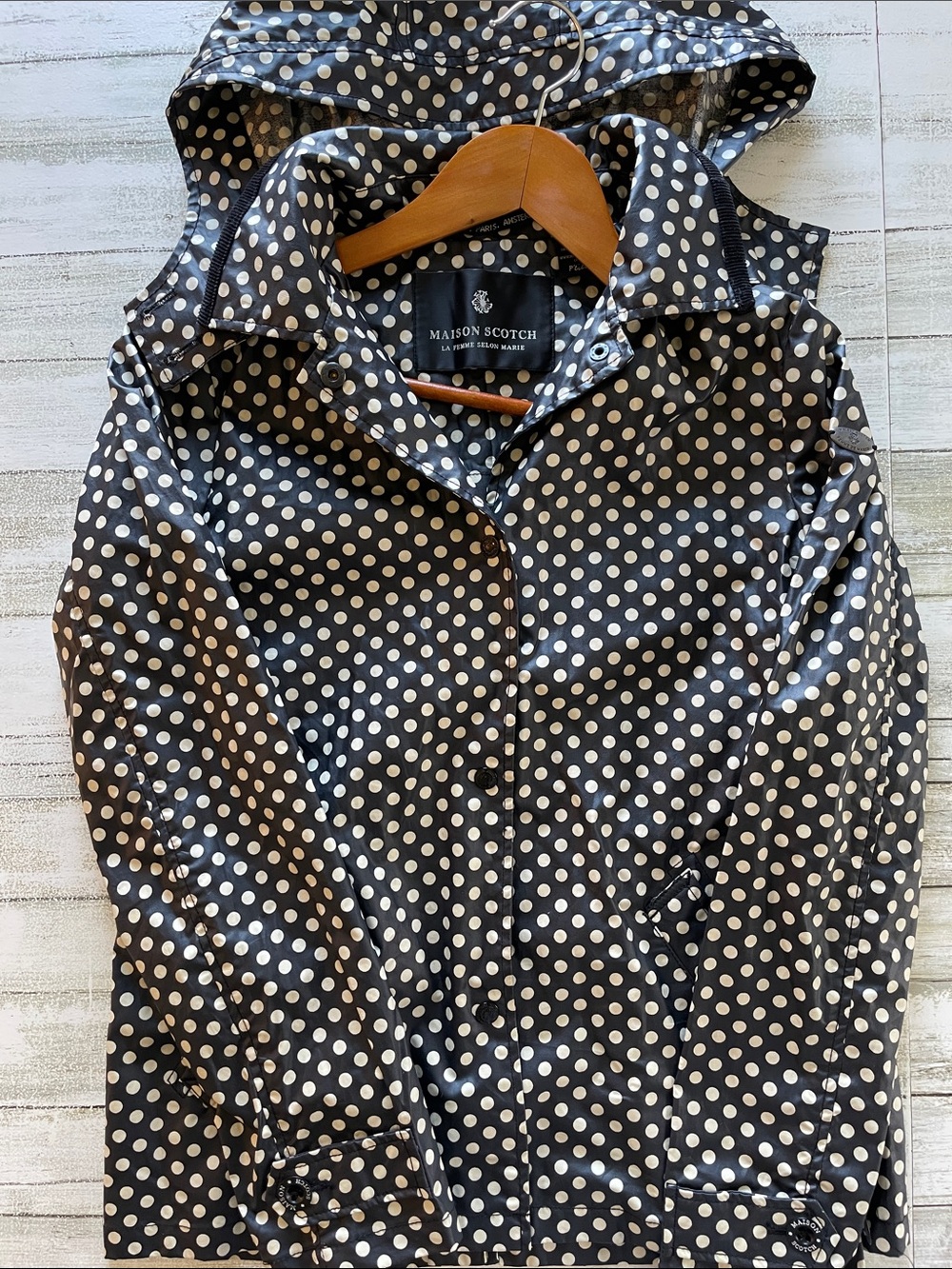 Maison Scotch Black Polka Dot Coated Cotton Rain Jacket Removable Hood